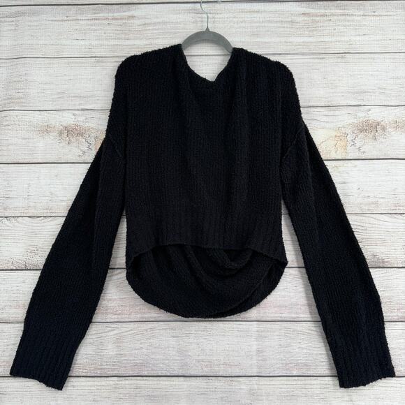 Free People Faux Wrap Sccop Neck Rough Knit Sweater Womens Medium Black - Picture 2 of 13